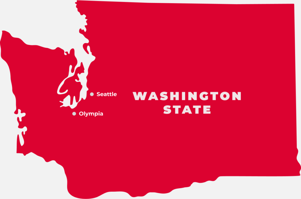 Crimson map of Washington with the text Washington State, labelled points indicate Seattle and Olympia.