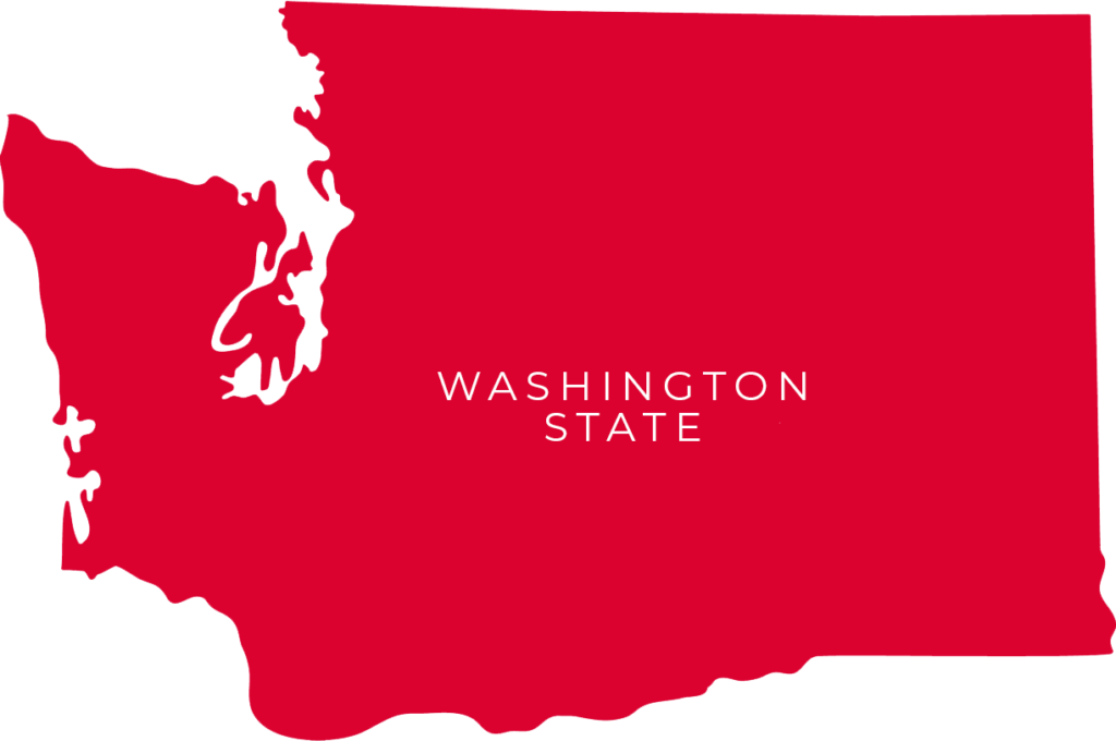 Solid crimson map of Washington State with the text Washington State.
