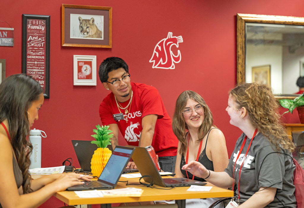Four students working on laptops and talking at a table in a room with the WSU branding on the walls.