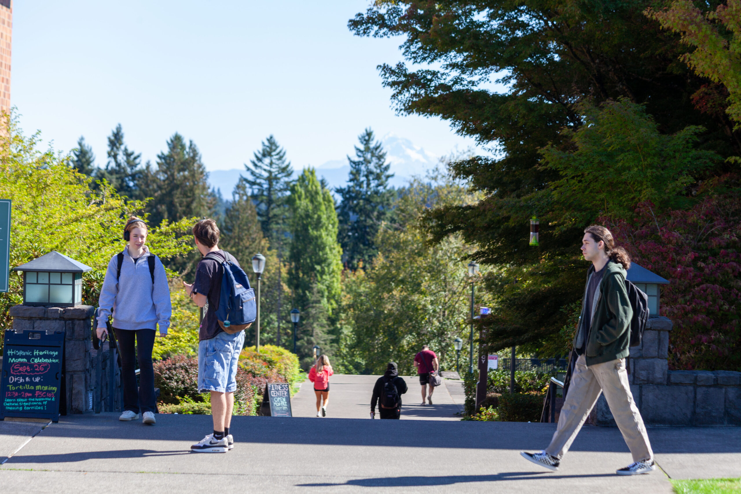 Human Resources A group of students walking down a scenic outdoor path lined with tall green trees