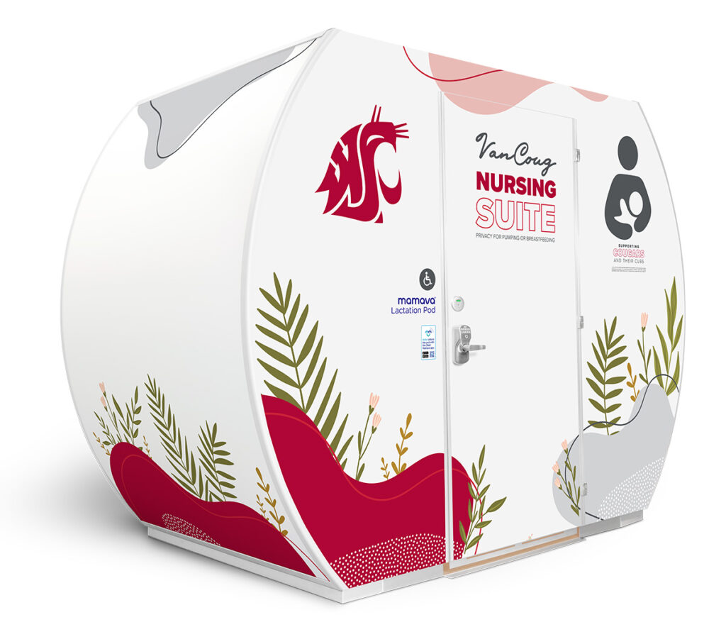 Lactation Room - Center | A white and crimson themed promotional pop-up tent pavilion set up outdoors on campus grounds