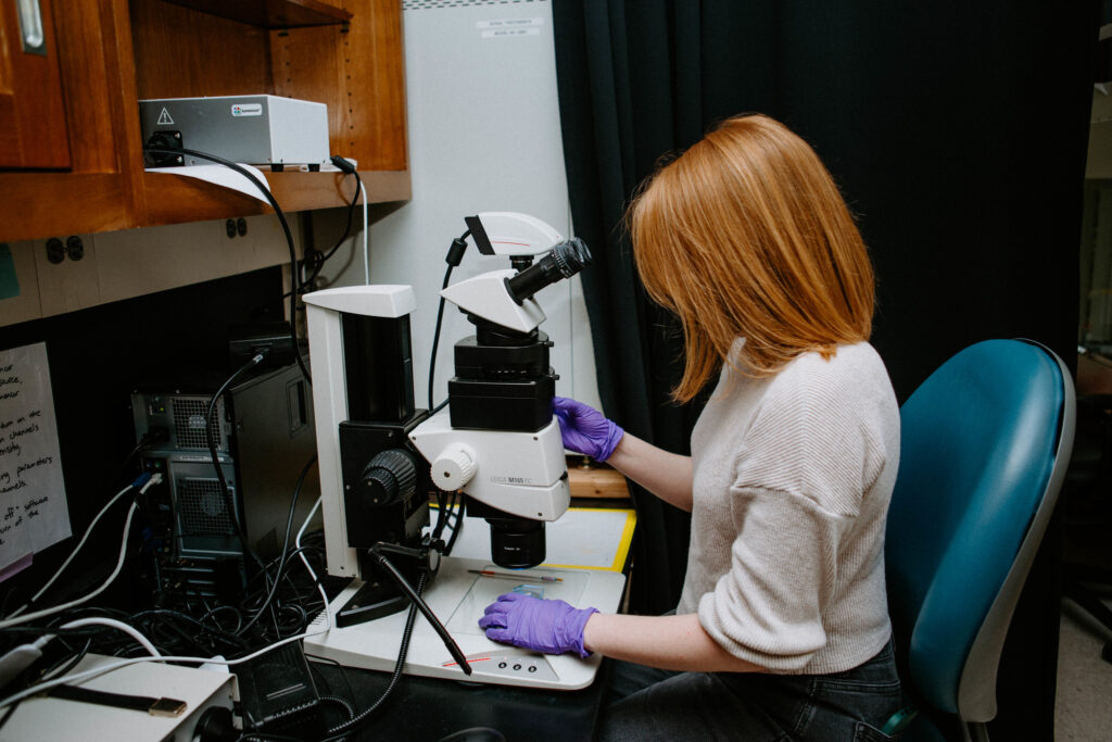 A researcher working with a laboratory microscope next to scientific equipment