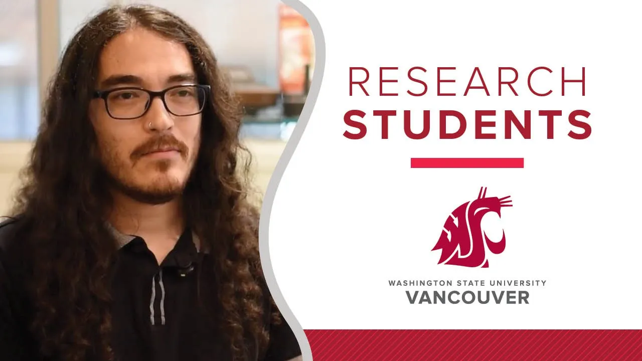 A research poster banner displaying text headlines and the crimson WSU Vancouver institutional logo icon