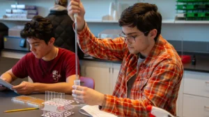 A WSU Vancouver student using a pipette to transfer samples during a laboratory experiment