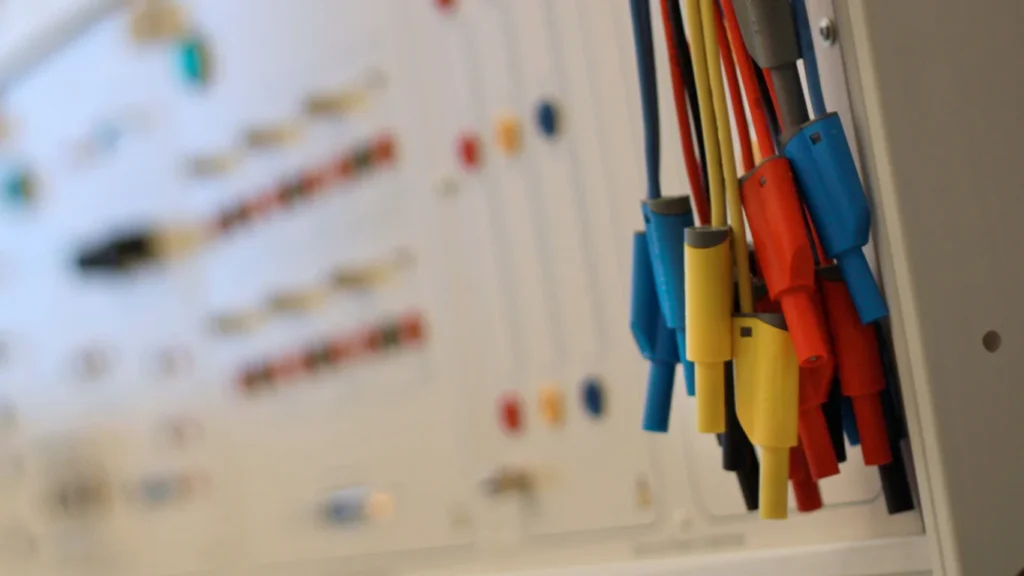 Close-up of colorful jumper cables plugged into an electronics breadboard in a WSU Vancouver engineering lab