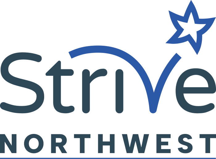 A partial close-up view of the blue Strive Northwest corporate logo signage