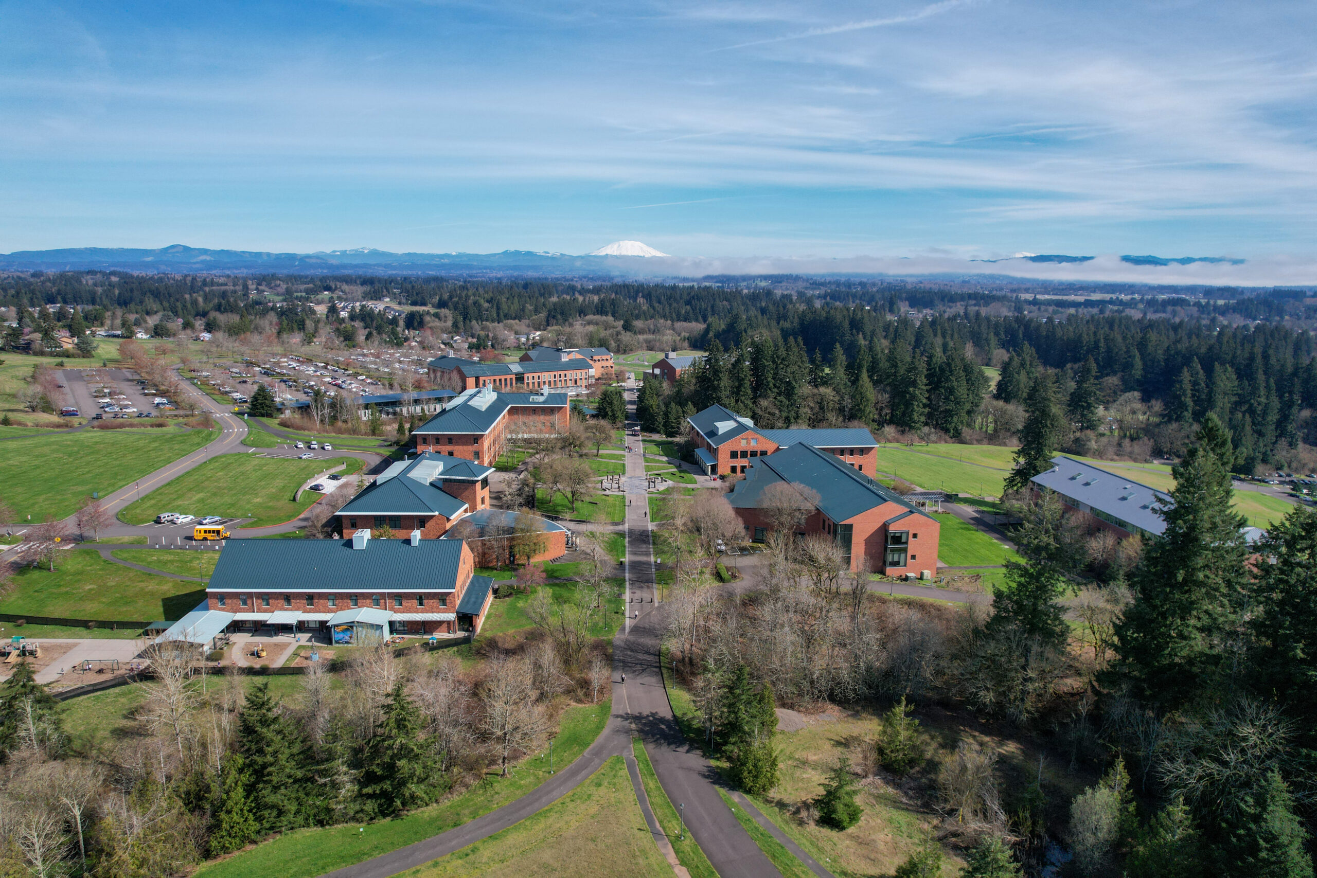 WSU Vancouver Arial Shot | Scenic long-distance aerial view of the modern brick buildings on the WSU Vancouver campus layout