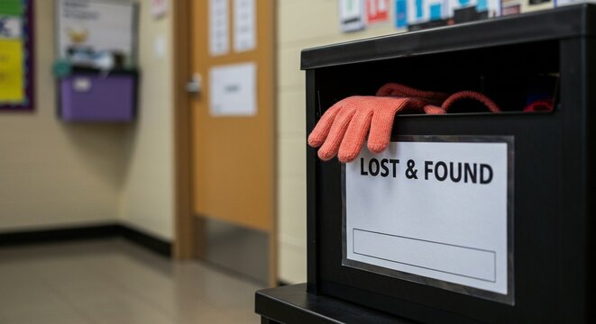 A pair of orange gloves sits inside a black lost and found bin in a campus hallway.