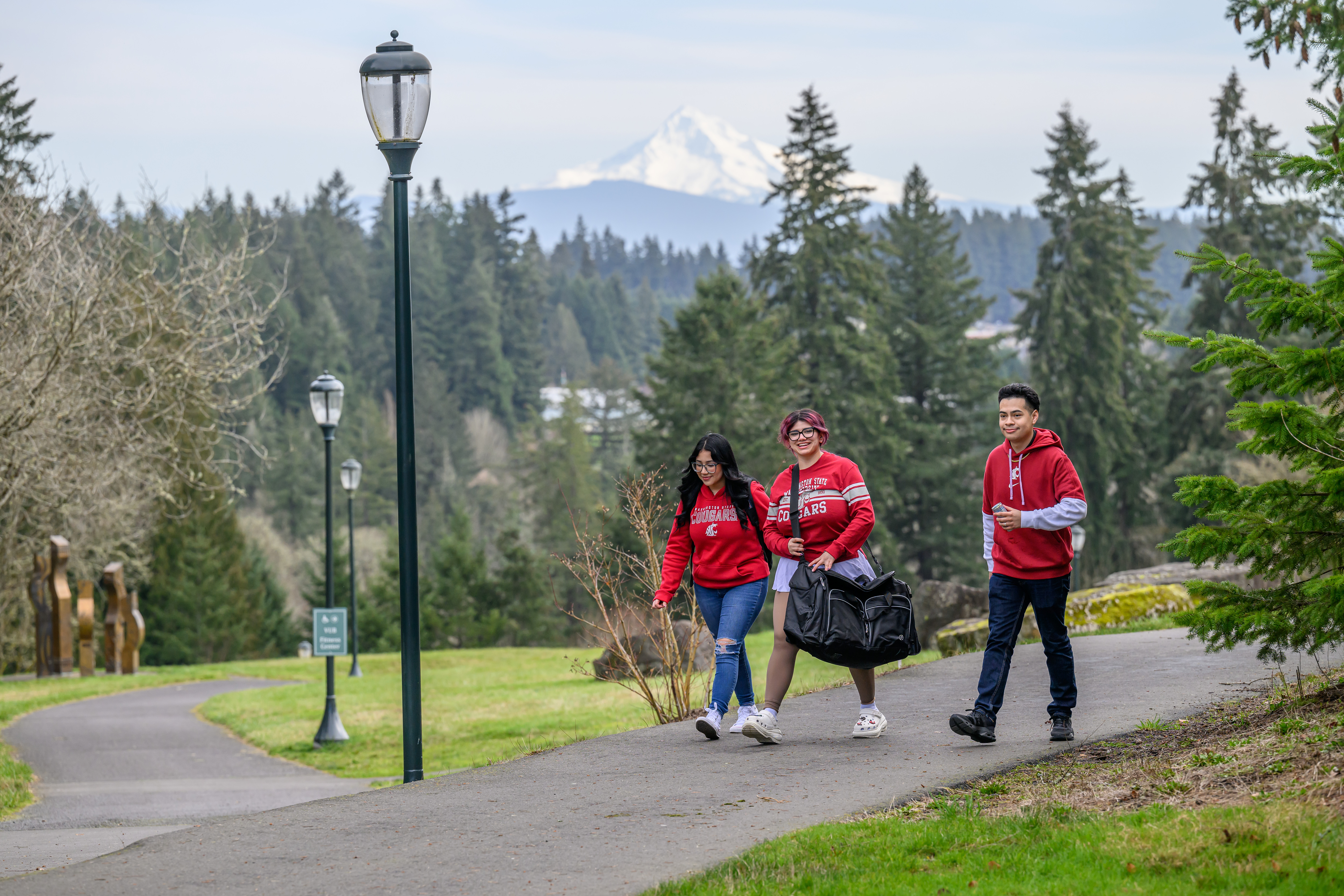 Scenic long-distance view of Mount Hood visible from a WSU Vancouver campus pathway overlook