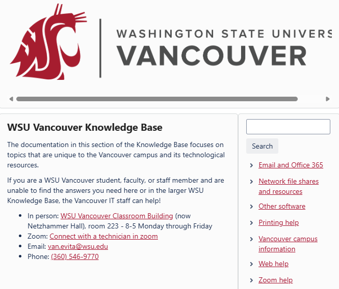 The official Washington State University Vancouver home page layout on an open laptop screen