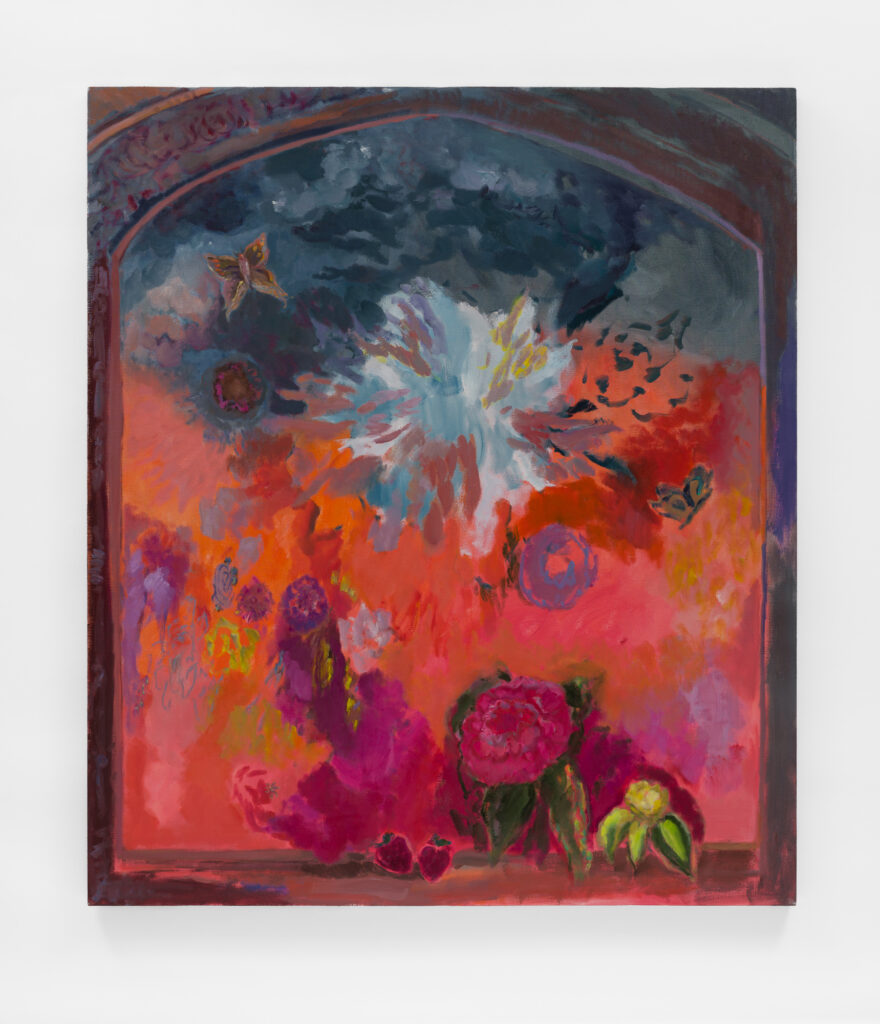 A vibrant abstract floral painting in deep red tones exhibited on campus at WSU Vancouver