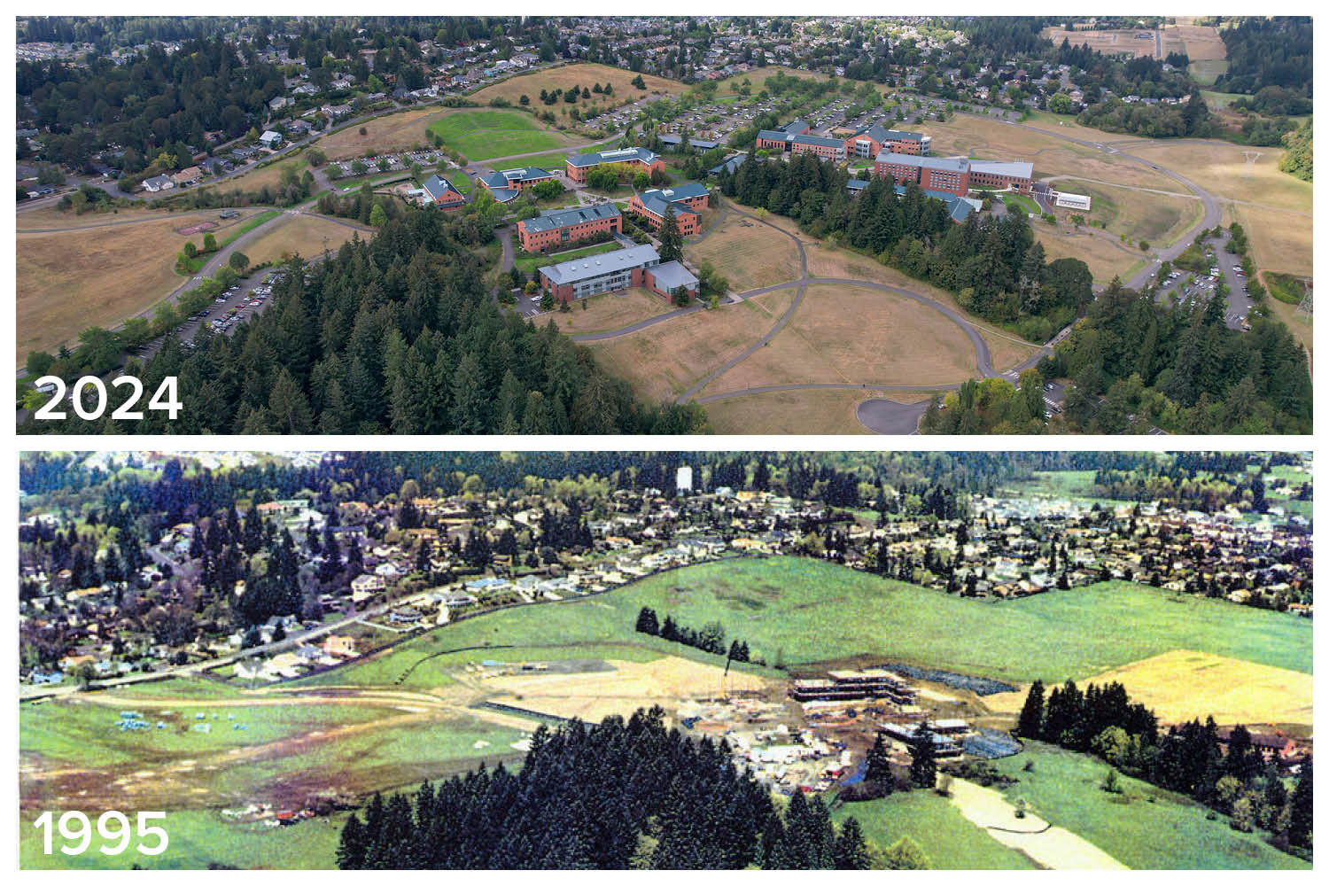 Panoramic landscape view of a green valley and surrounding campus grounds