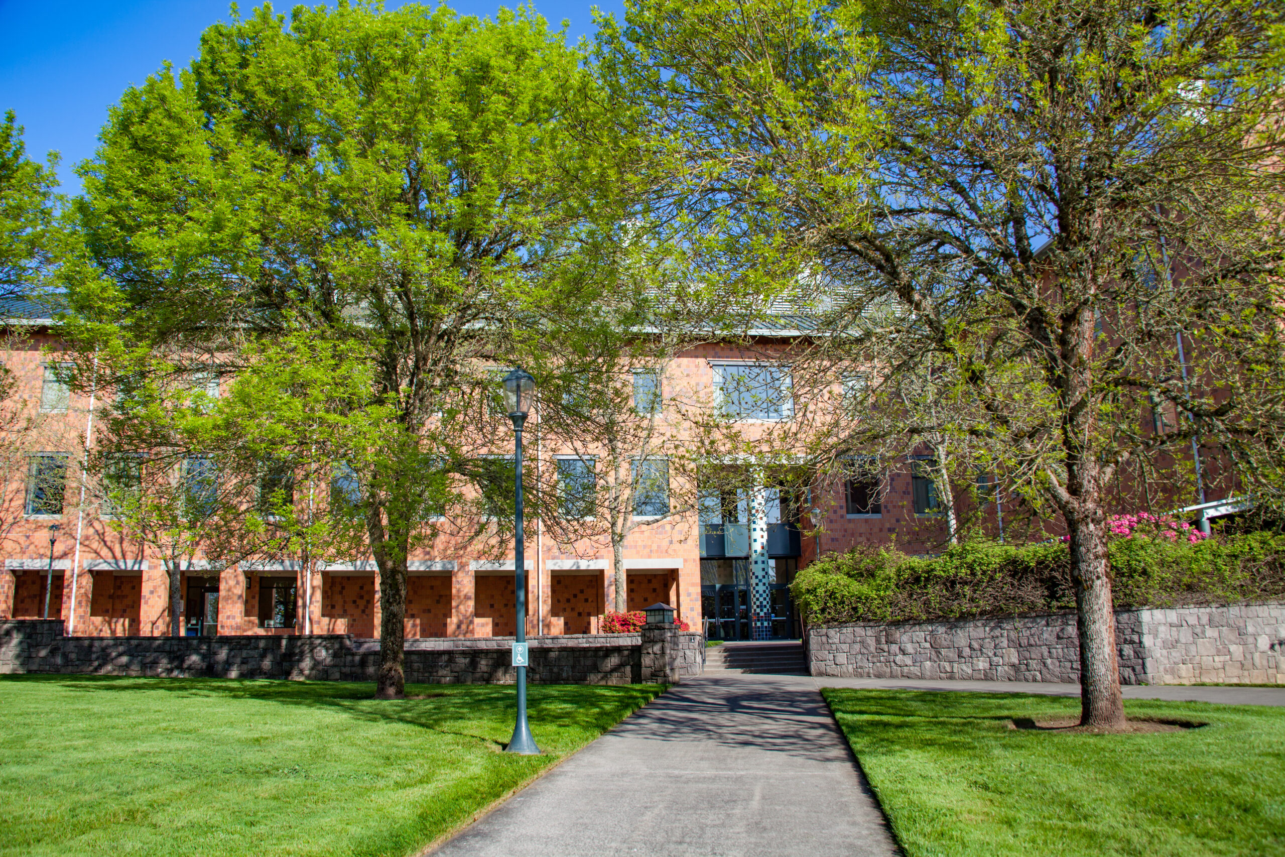 A quiet paved pathway leading toward an academic brick building at WSU Vancouver