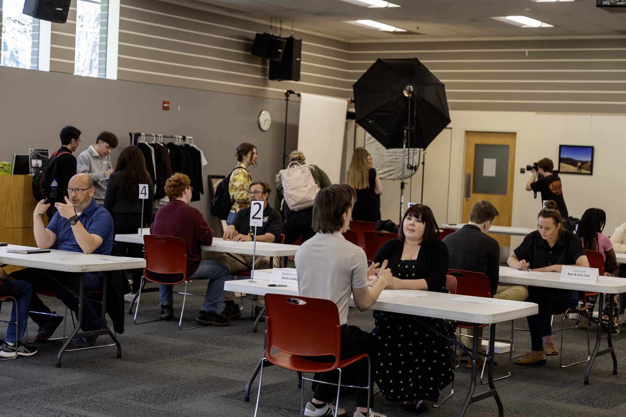 A professional presentation environment setup with studio lights inside a WSU Vancouver media room