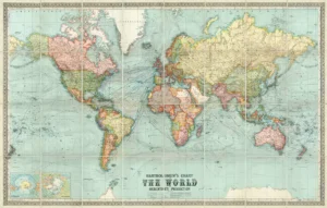 An antique styled map of the world displayed flat