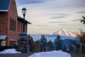 Scenic view of Mount Hood from the WSU Vancouver campus overlook at sunset