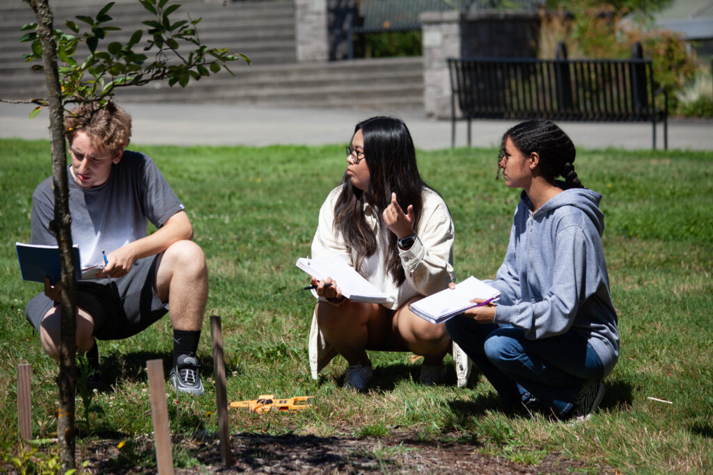 A small group of WSU Vancouver students sitting on the lawn conversing between classes