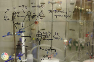 A glass partition featuring molecular structure drawings in a WSU Vancouver science lab