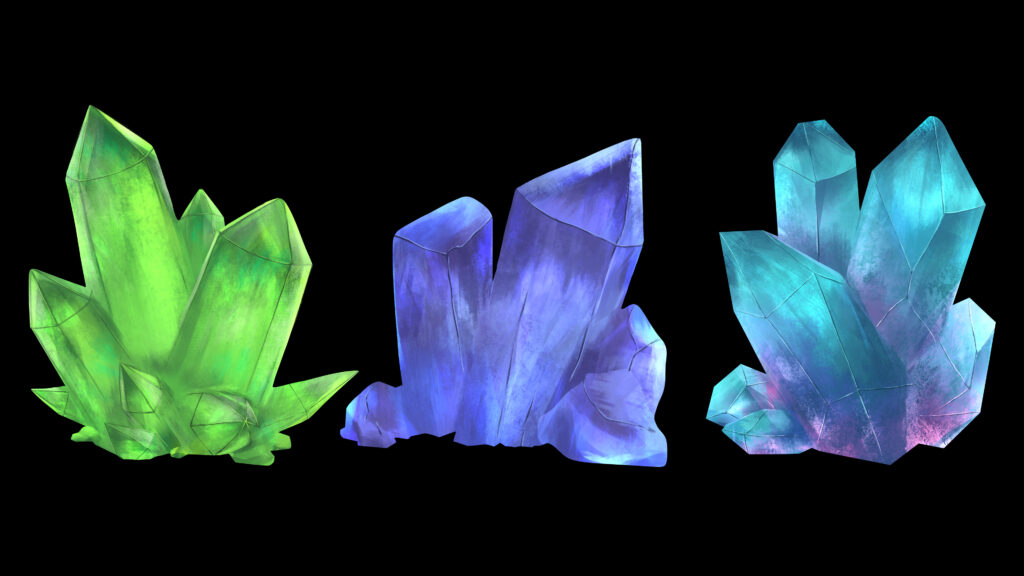 Concept art of three colorful crystal formations, including green, blue, and teal crystal clusters.
