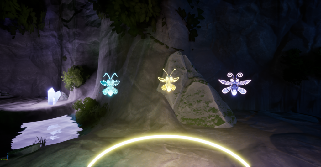 Three glowing fireflies hover in a cave, each emitting a different colored light.