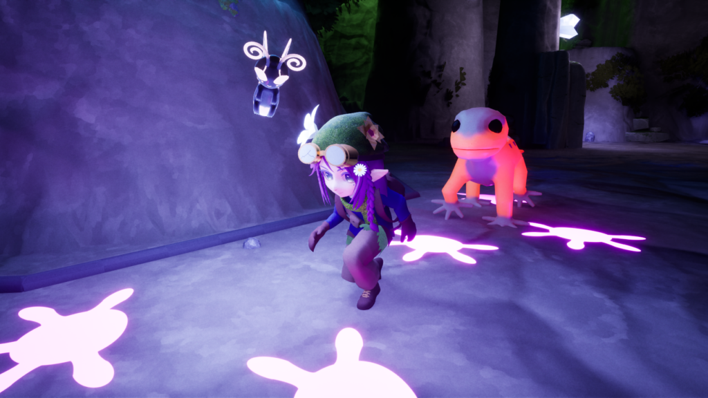 Fantasy character sneaking through a cave while a glowing gecko creature follows behind.