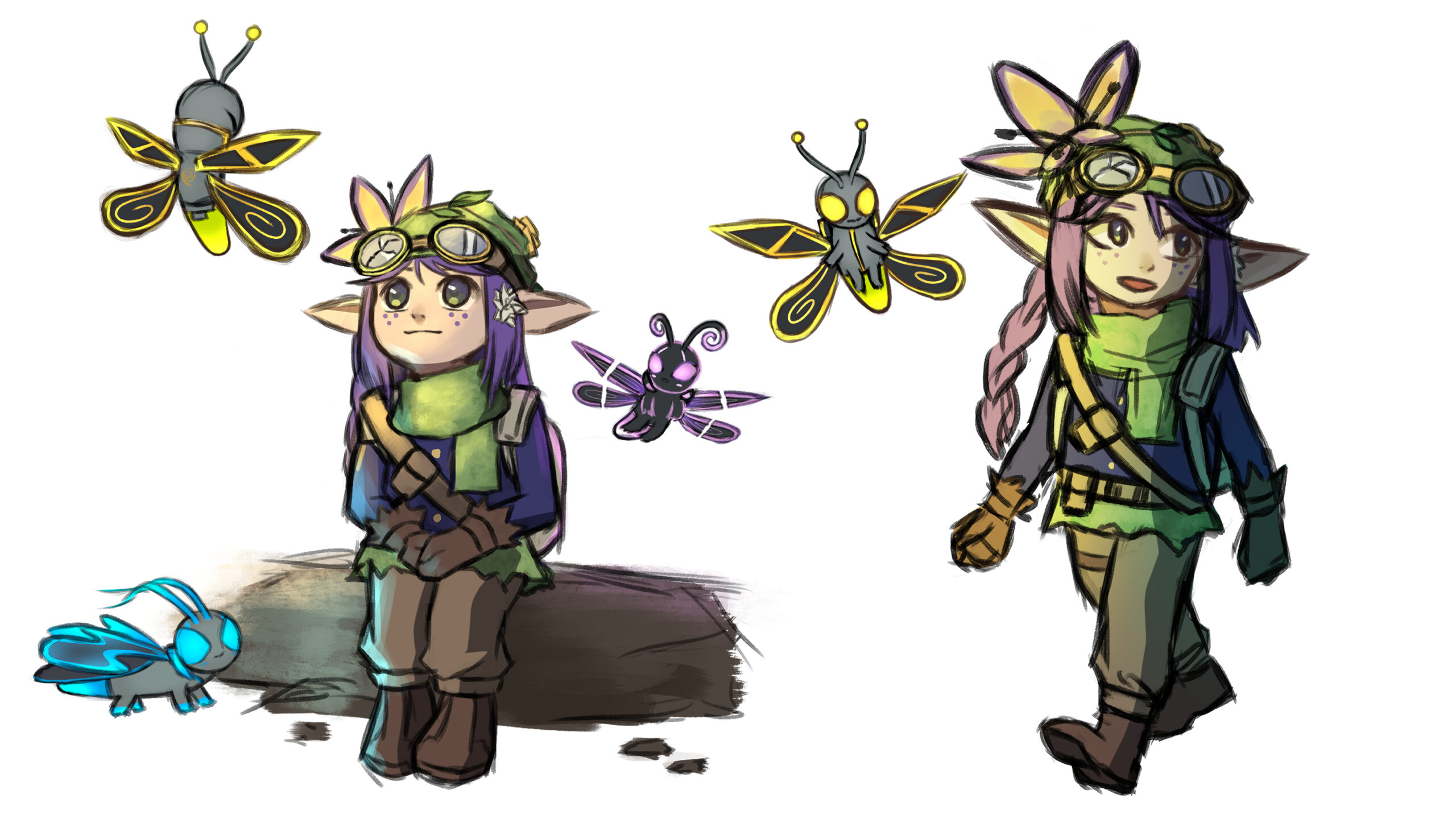 Fantasy Scout character shown with colorful firefly companions in a concept art sheet.