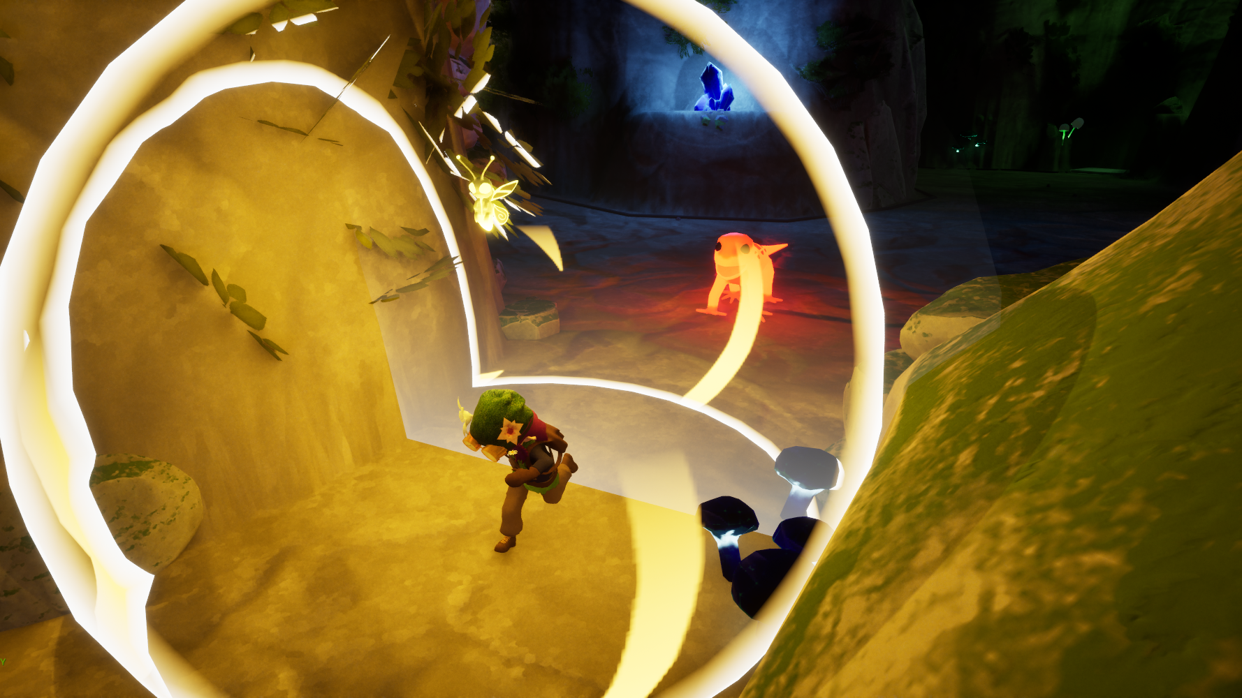 Running character surrounded by a luminous orb of light as a glowing cave gecko stands outside.