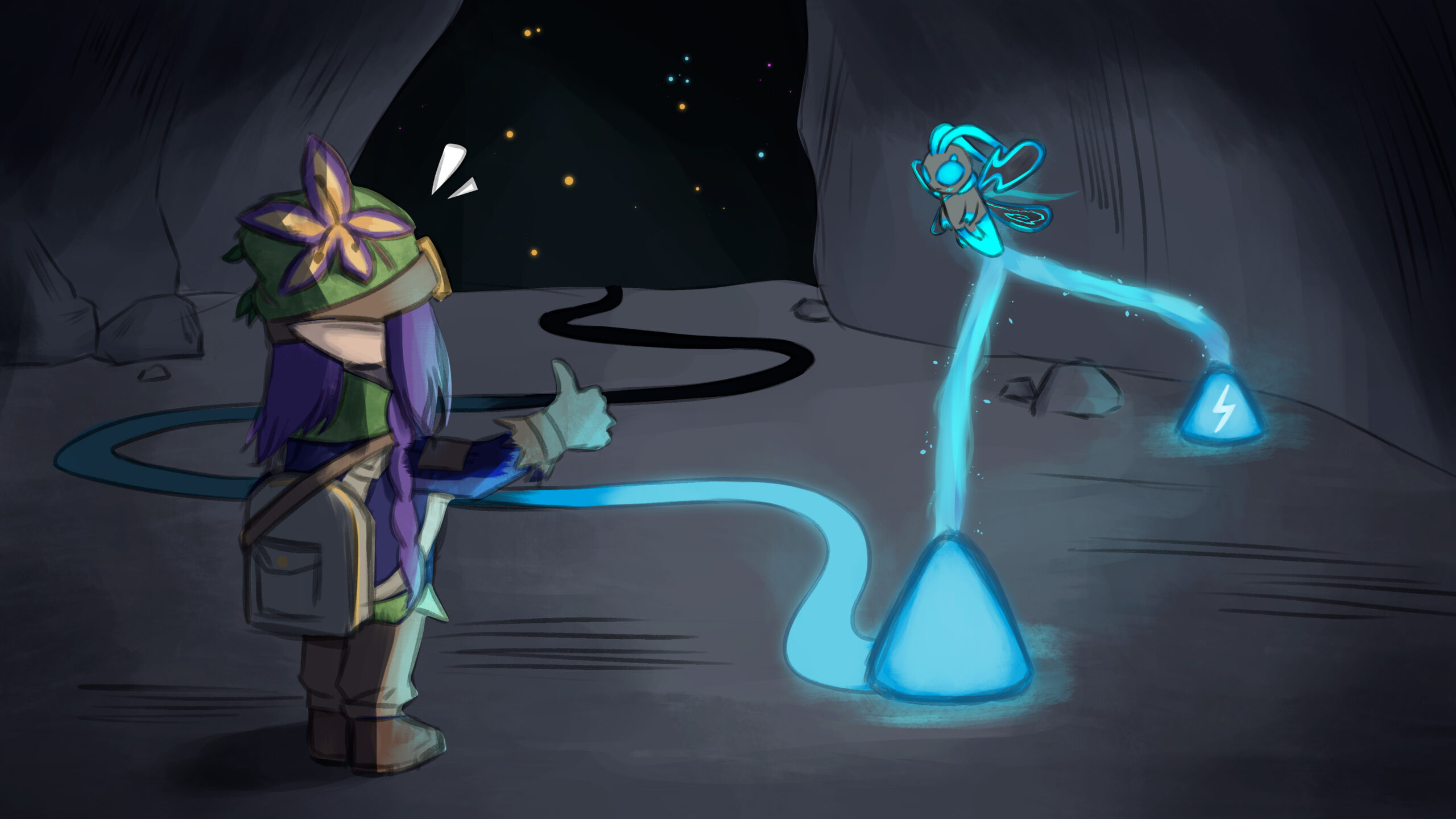 Fantasy explorer in a cave gives thumbs up to a firefly companion that creates a string of blue light between crystal markers.