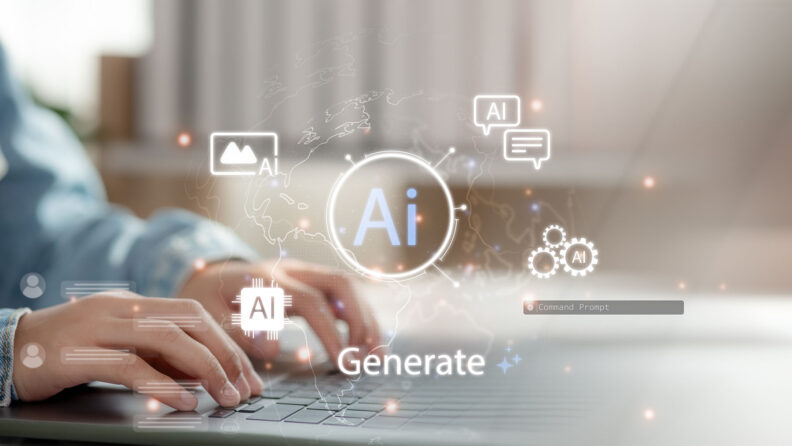 Person typing on a laptop with generative artificial intelligence icons floating above the keyboard as thoughts and ideas