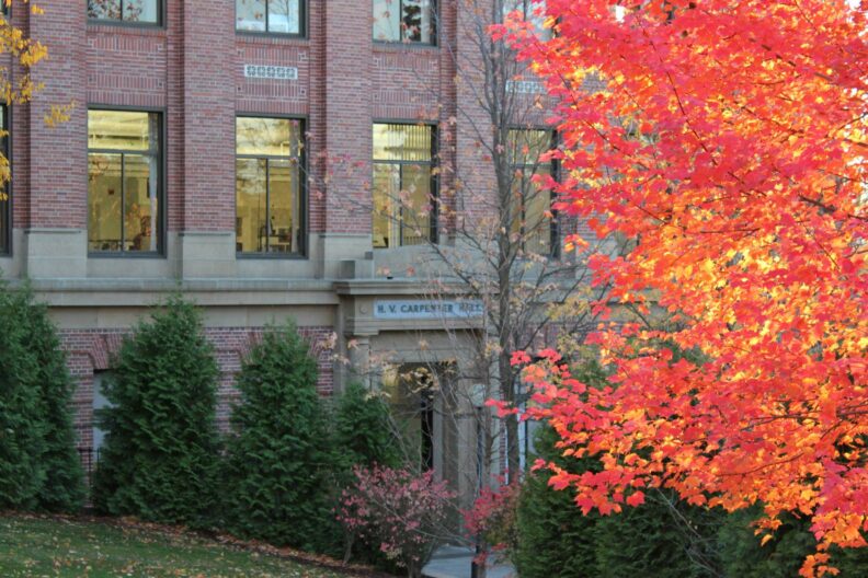 Carpenter Hall entrance in Fall.