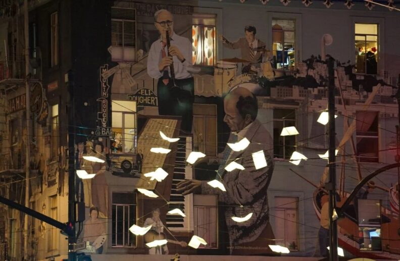 Collage of images depicting American musicians and architecture.