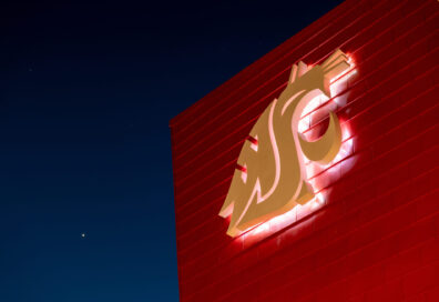 The WSU Logo on the Chinook building on the campus of Washington State University.