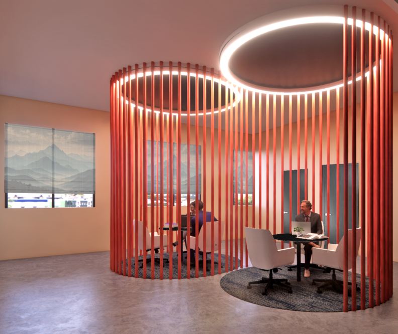 Circular seating area with red dividers isolating separate tables with three chairs at each table.