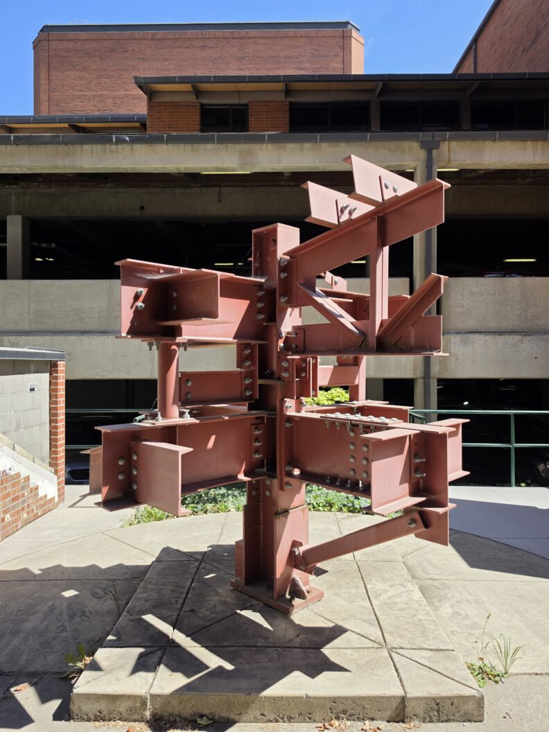 Front view of the AISC Structural Steel Sculpture taken from Carpenter Hall.