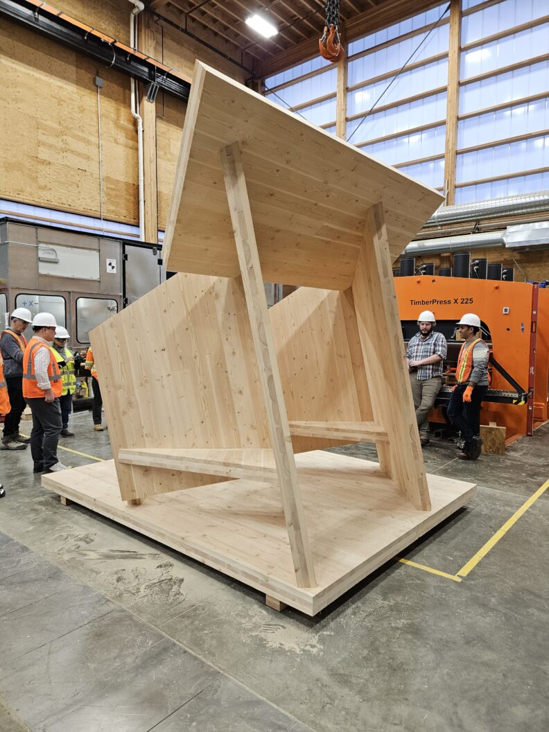 Tilt Pavilion fully assembled at the Emmerson Advanced Wood Products Laboratory in 2024.