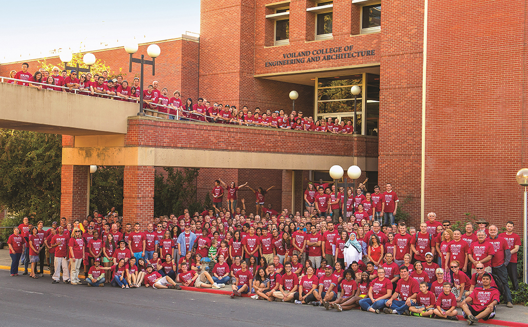 WSU students, faculty and staff in Voiland College t-shirts celebrating the naming of the Voiland College of Engineering and Architecture.