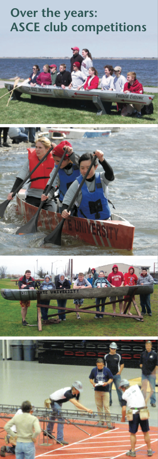A collage of photos: students posing with a canoe, students rowing a canoe, another photo of students posing with a canoe and students building a structure.