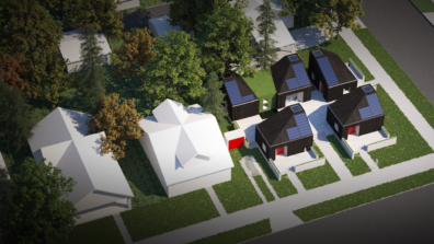 The conceptual full build out that will be built for the Solar Decathlon competition. Shows how this integrates into infill lots in urban neighborhoods.