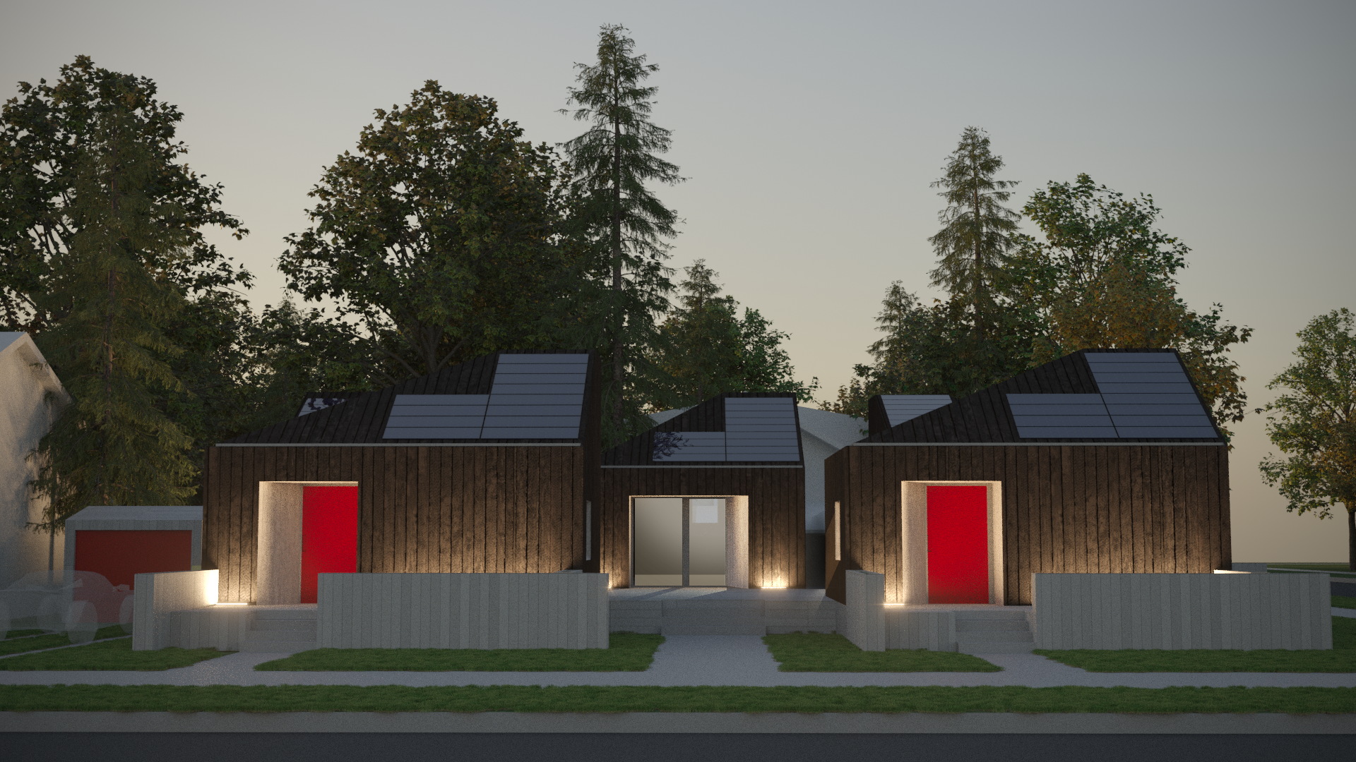 Conceptual design for Solar Decathlon: village front at night