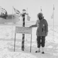 Dagmar Cronn poses at the South Pole.