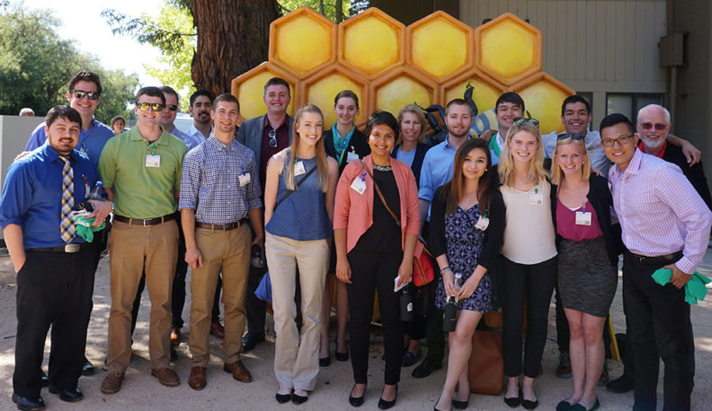 Nineteen students and advisors pose in two rows in front of a honeycomb-like structure. 