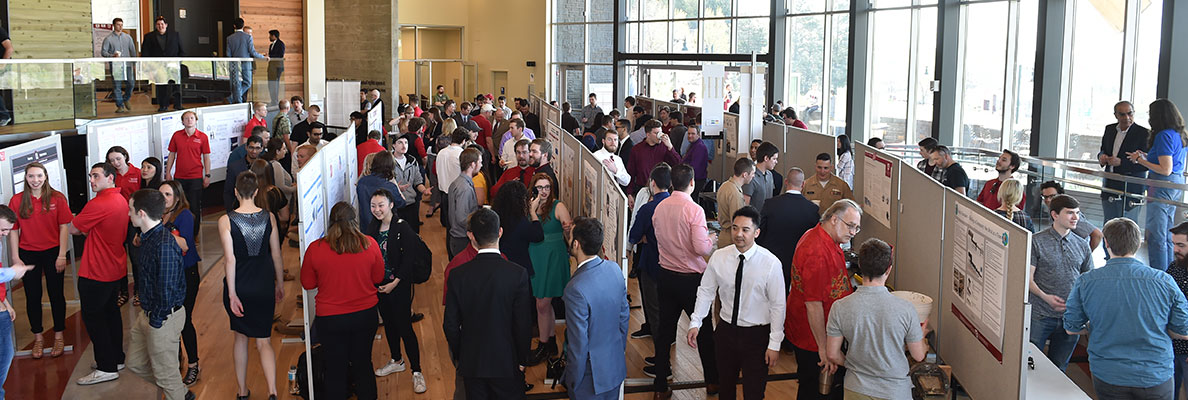 A crowd of people walking between rows of poster displays.