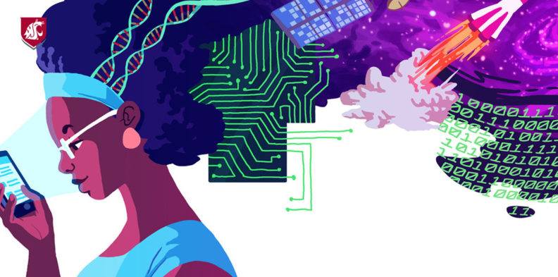 illustration of a woman looking at her smartphone as technology-related images emerge from her mind.