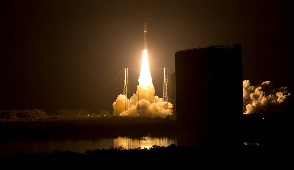 Rocket launching at night.
