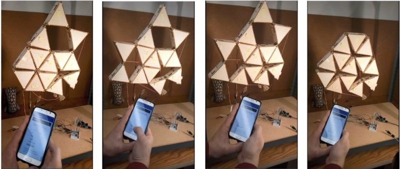 A sequence of images showing a wall reshaping itself in response to commands from a mobile app.