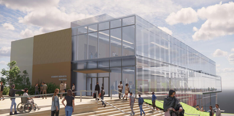 Multi-story building with floor-to-ceiling windows.