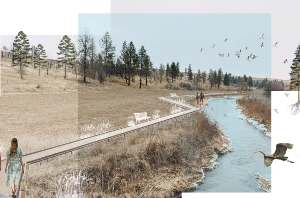 Concept art of a boardwalk alongside a creek.