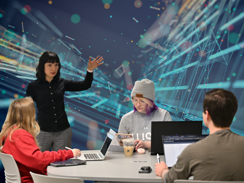Three students seated around a large desk using laptops while a professor explains. photo is edited to have an abstract AI theme.