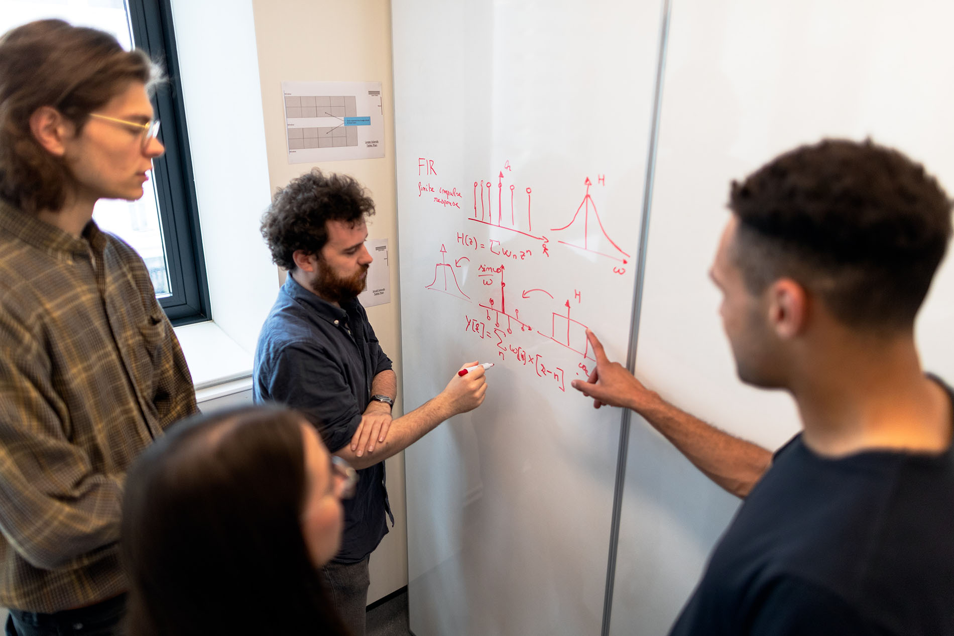 Group of students working together on a math equation on a whiteboard.