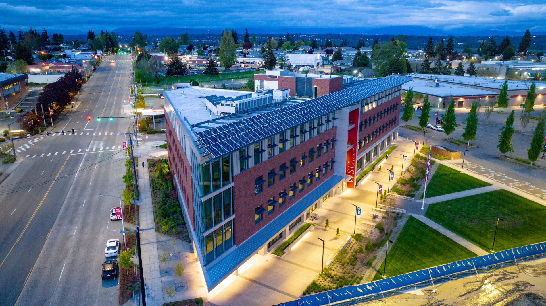 Aerial with a drone over the campus of Washington State University Everett, Monday, May 9, 2022.
